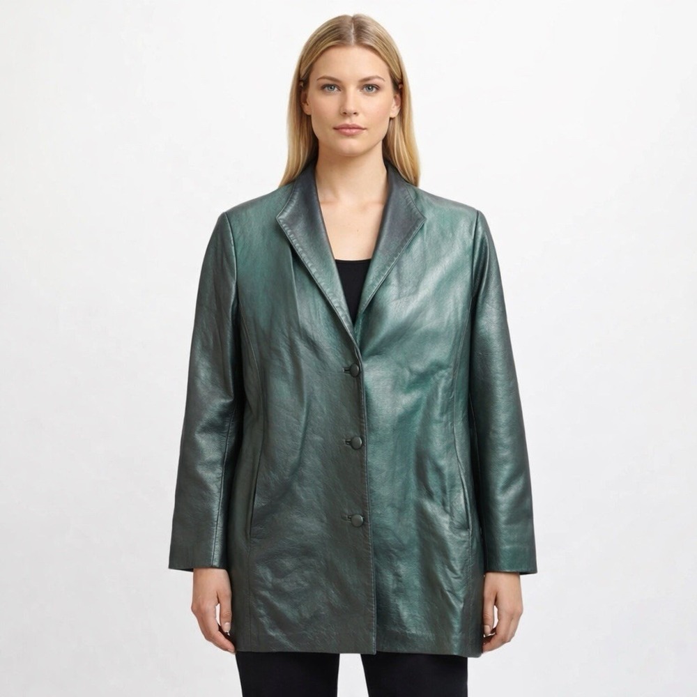 DERO by Rocco D'Amelio Leather Coat Jacket  Metallic Green Button Vintage Size M